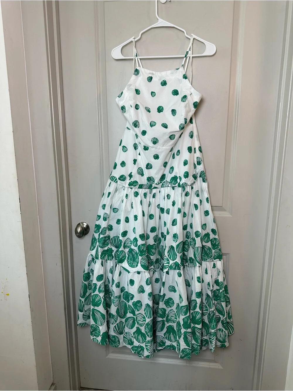 Anthropologie Maeve Halter Tiered Cotton Green/ White Seashell Maxi Dress, M